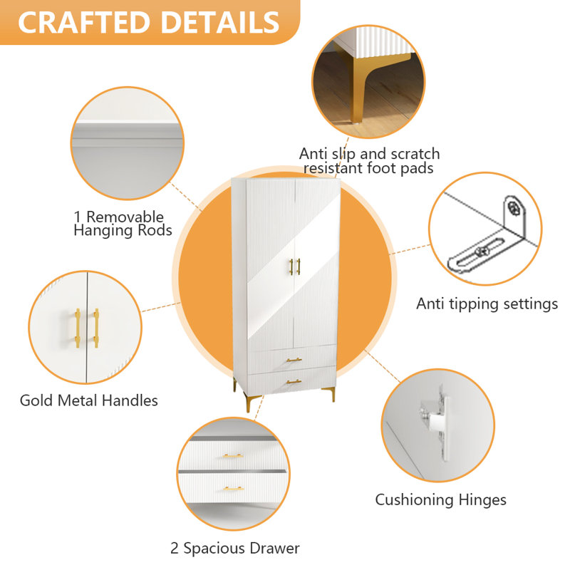 Mercer41 Rahmeir 2 Door 2 Drawers, White Armoires, Wardrobe